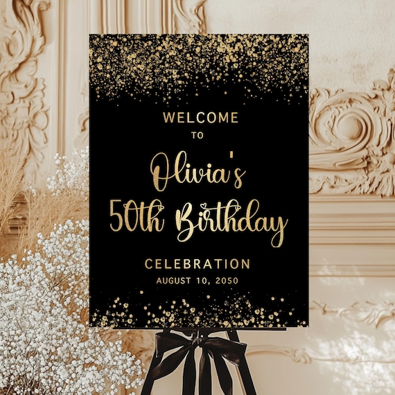 Black and Gold 50th Birthday Welcome Sign, Minimal Party Decor (Digital Printable)