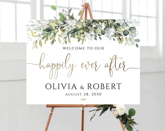 Greenery Wedding Welcome Sign, Botanicals Wedding Decor, Happily Ever After Sign, Bridal Shower Sign, Eucalyptus, Rehearsal Dinner Sign,HB1