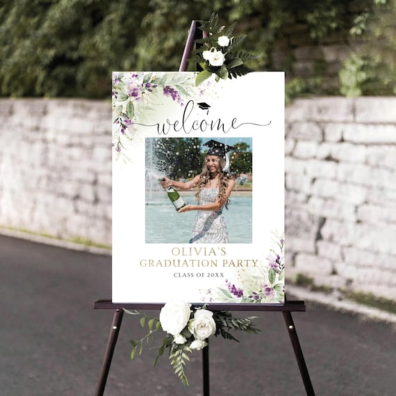 Lavender Florals Graduation with photo Welcome Sign, Grad Party Sign, Botanicals Graduation Decorations, Rustic Grad Banner, Eucalyptus, GPU