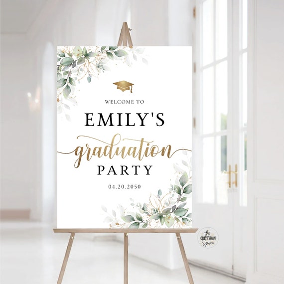 Greenery Graduation Party Welcome Sign, Digital File, Grad Party Sign, Graduation Decorations, Graduation Banner, Eucalyptus, Greenery, HB3