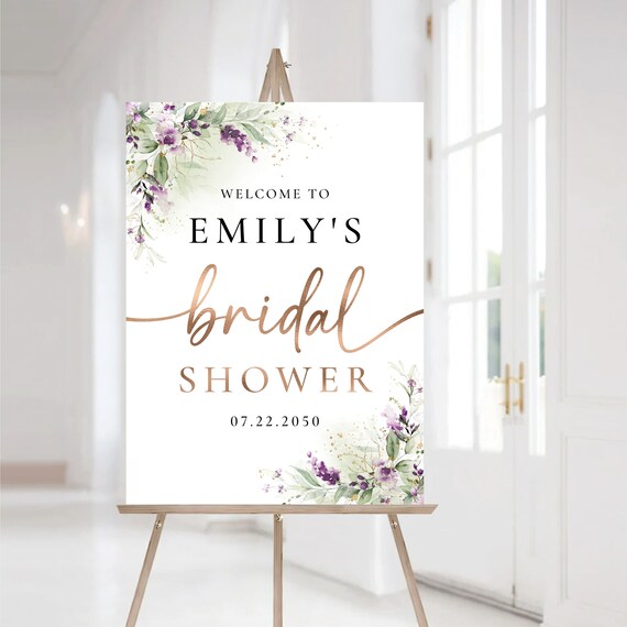 Greenery Purple Bridal Shower Welcome Sign, Lavender Bridal Brunch Sign, Green Lavender Wedding Shower Sign, Lilac Lavender floral, Gold,GPU