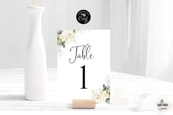 White Roses Wedding Table Number Template, Elegant Table Numbers Printable, Printable Wedding Table Card, Cream roses, Eucalyptus, WR3