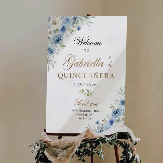 Floral Quinceañera Welcome Sign, Dusty Blue Flowers, Elegant Sweet 16 Poster (Digital Printable)