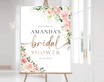 Blush Floral Bridal Shower Welcome Sign, Pink Flowers Bridal Shower Welcome Poster, Printable Greenery Bridal Shower Sign, Digital File, EB1