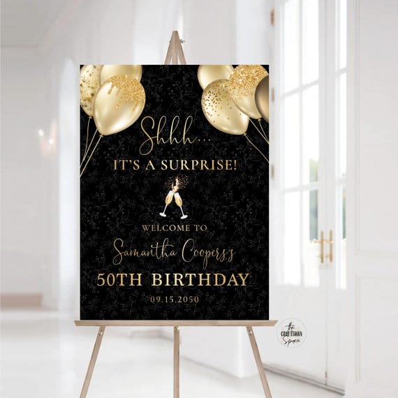 50th Birthday Welcome Sign, 60th Birthday Party Sign, 70th Birthday Celebration Sign, Balloons Birthday Sign, Black and Gold Birthday Sign