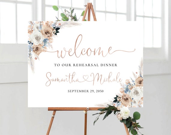 Ivory And Blue Boho Rehearsal Dinner Sign, One Day Away Sign, The night before Welcome Sign, Bohemian, Wedding Decor, Wedding Poster, IVB