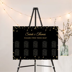 Tabla de asientos de boda de oro negro minimalista, mesa de tabla de asientos de boda, tabla de asientos de boda negra alfabética, decoración negra y dorada