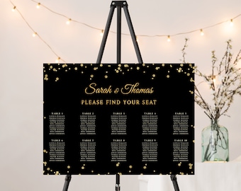 Black & Gold Wedding Seating Chart: Minimalist Alphabetical Table (Digital File)