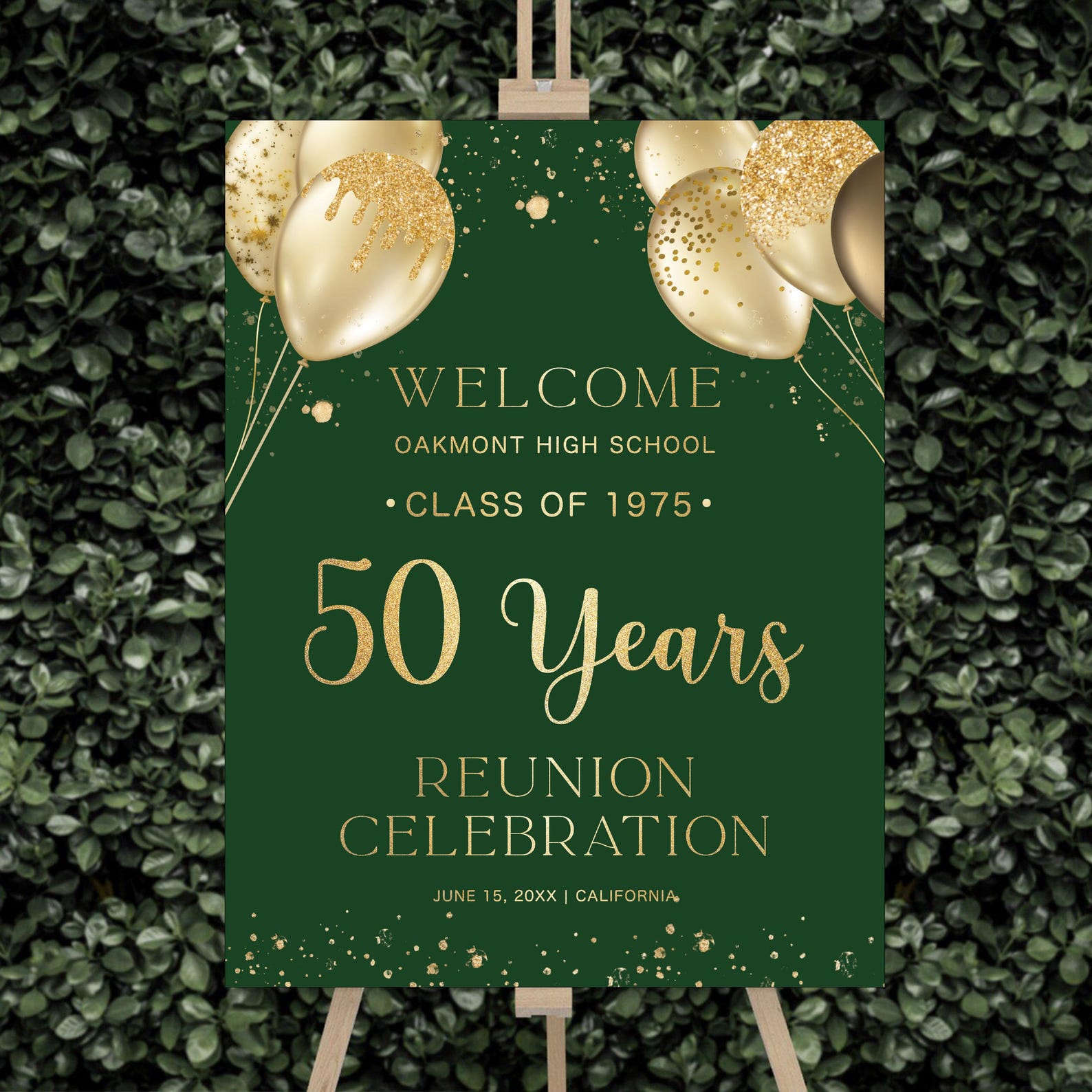 Modern Class Reunion Welcome Sign: Faux Gold Balloons & Confetti ...