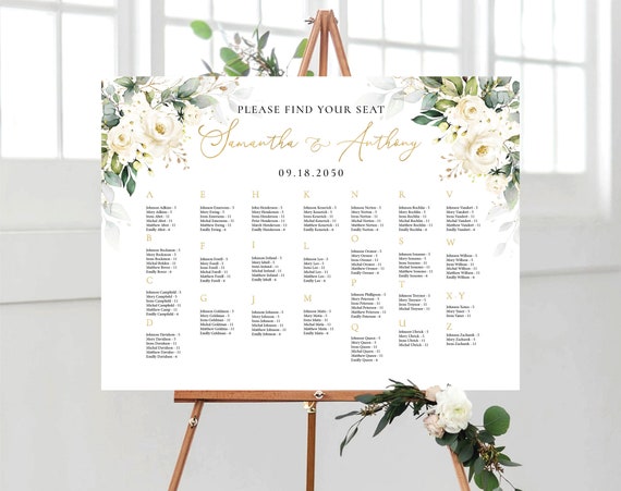 White roses Wedding seating chart, Wedding seating chart alphabetical, Wedding seating chart table, Cream roses Wedding Seating Chart, WR3