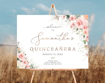 Blush Pink Floral Quinceañera Welcome Sign, Botanical (Digital Printable)