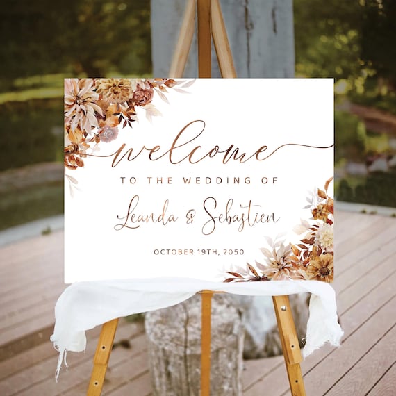 Fall Autumn Wedding Welcome Sign, Fall in love Wedding Sign, Fall Wedding Decoration, Rustic wedding sign, Dry leaves wedding, Bohemian, AG1