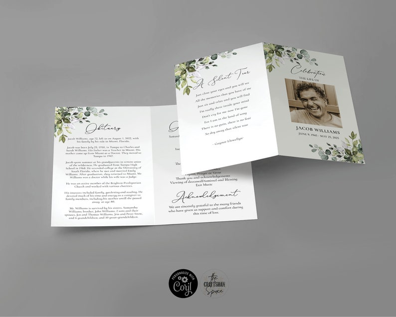 Greenery Celebration Of Life Program, Funeral, Obituary, Memorial Prayer Card, Word, Men, Women, Order Of Service, Corjl, 100% Editable, HB2 image 2