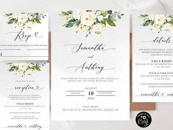 White roses wedding bundle Invitation corjl, Wedding invite, Cream roses Wedding Stationery Bundle, Eucalyptus, Editable, Corjl, WR1