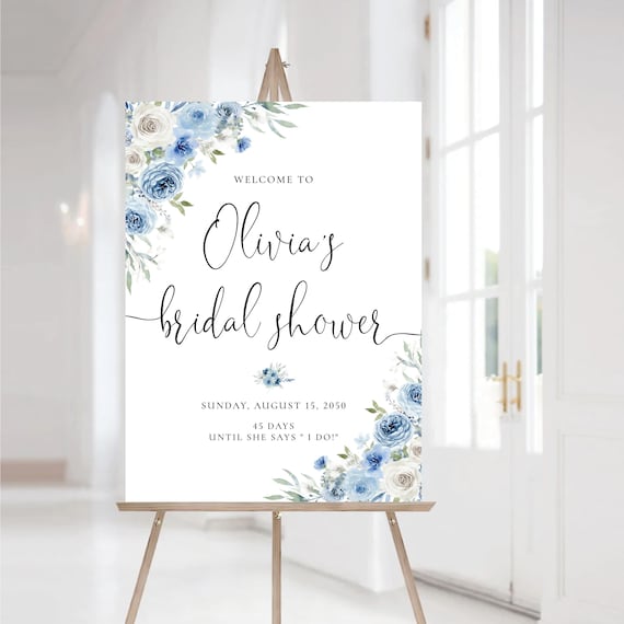 Floral Bridal Shower Welcome Sign, Dusty Blue and Ivory Flowers (Digital Printable, DB1)