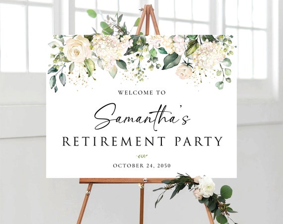 Greenery Sunny flower Retirement Party Welcome Sign, Retirement Party Sign, Retirement Celebration Sign, Retirement Decoration, HERSU3