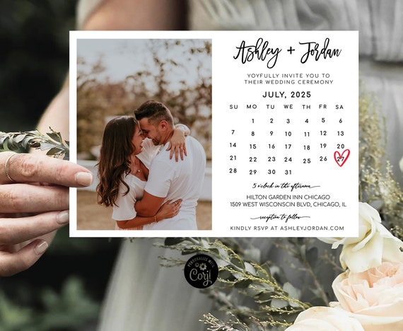 Calendar Wedding Invitation with photo Template, Minimalist Wedding Invite, Boho Wedding Invitation, Bohemian, Editable, Corjl