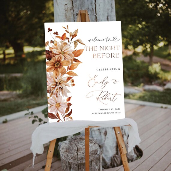 Fall Autumn Rehearsal Dinner Welcome Sign, Fall Leaves The night before Sign, Fall in love Wedding Sign, Autumn Wedding Decor, Bohemian, AG1
