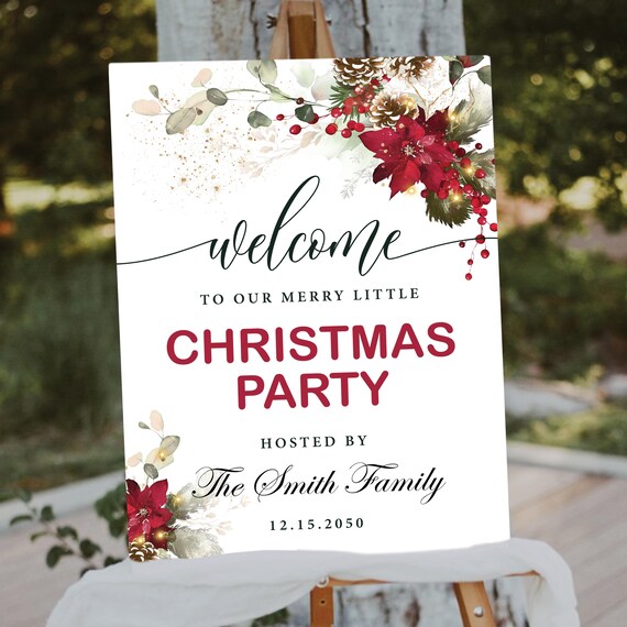 Red Floral Christmas Party Welcome Sign, Poinsettia and Holly Berries (Printed or Digital File)