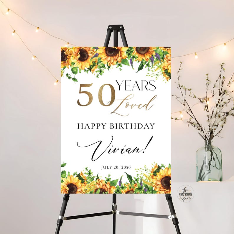 Sunflower 50th Birthday Welcome Sign: Rustic Bohemian Decor (digital ...