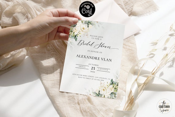 White roses bridal shower Invitation, Corjl, Wedding shower invite, 100% Editable, Bridal brunch invite, Eucalyptus, cream roses, WR3