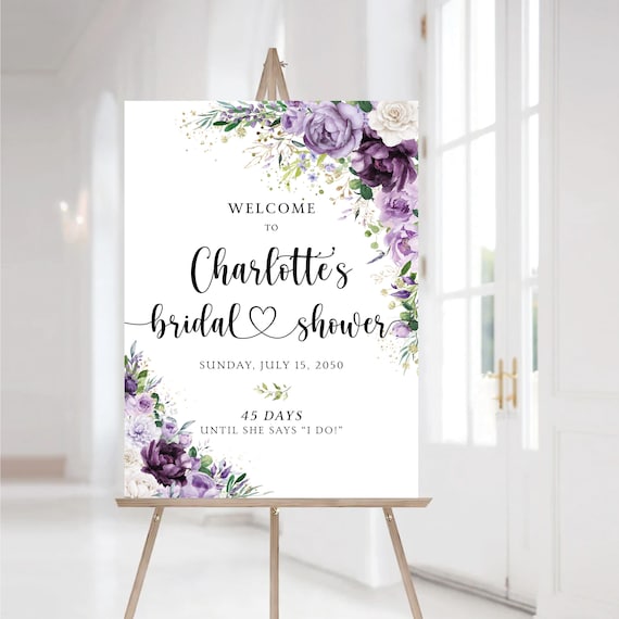 PRINTED OR DIGITAL Purple Floral Bridal Shower Welcome Sign, Botanical Bridal Shower Poster or Foam Board, Violet Flowers Bridal Shower, PF2