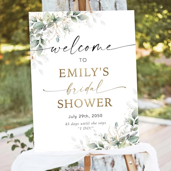 Greenery Bridal Shower Welcome Sign, Faux Gold, Botanical Decor (Printed or Digital File)
