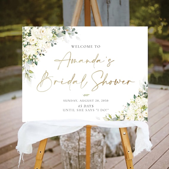 Hydrangea Floral Bridal Shower Welcome Sign, White Flowers and Greenery (Digital Printable)