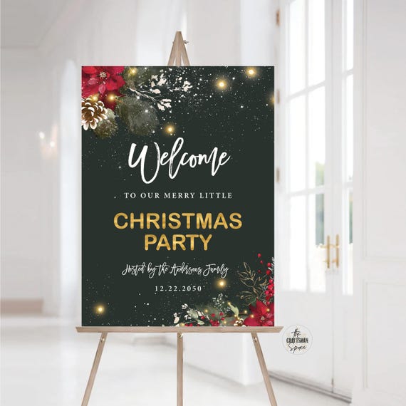 Christmas Party Welcome Sign, Christmas Welcome Poster, Printable Christmas Welcome Sign, Holiday Welcome Sign, Poinsettia and Lights, CRM5