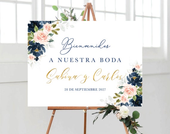 Blush and Navy Bienvenidos Sign a Nuestra Boda, Spanish Wedding Sign, Blush and Navy Wedding Welcome Sign, Blush and Navy, Wedding Decor