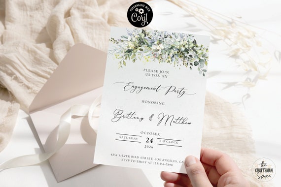 Greenery Engagement Party Invitation, Engagement party Invite, We are engaged Invitation, 100% Editable, Corjl, Eucalyptus, HB1