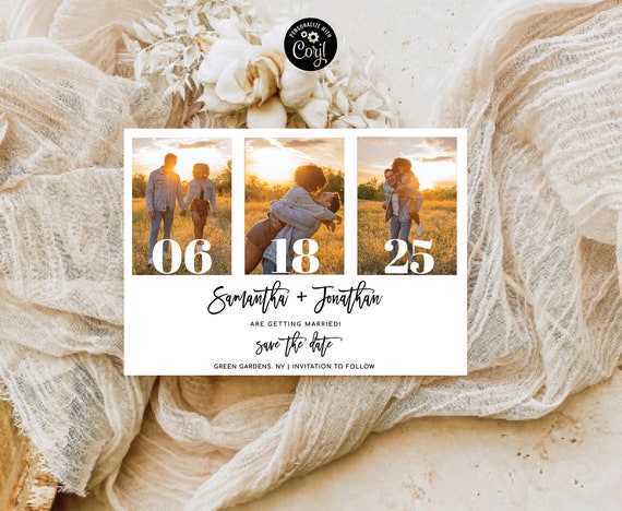 Photo Collage Save the Date Template, Boho Save The Date Digital Download, Modern Save The Date, Editable, Corjl
