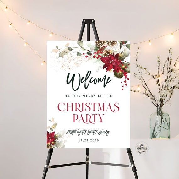 Christmas Party Welcome Sign, Christmas Welcome Poster, Printable Christmas Welcome Sign, Holiday Welcome Sign, Poinsettia and Lights, CRM2
