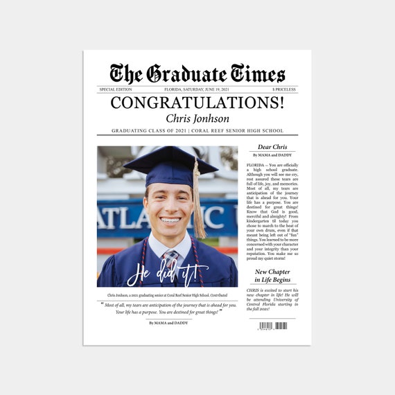 Graduate Printable Newspaper Keepsake, Graduation Gift for Him, Graduation Announcement, Congratulation Card, Senior, Class of 2021 D04