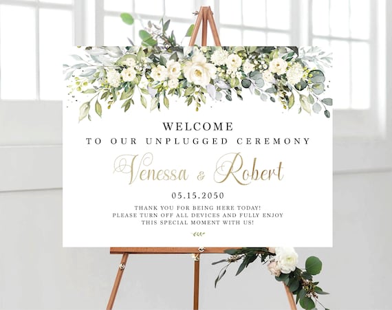 White roses Greenery Unplugged Wedding Ceremony Sign, Wedding Welcome Sign, Botanicals Wedding Decor, Rehearsal Dinner Sign, Eucalyptus, HB6