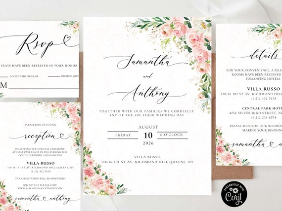 Ethereal Blush wedding bundle Invitation corjl, blush pink roses wedding invitation, blush wedding invite, Corjl, 100% Editable, EB1