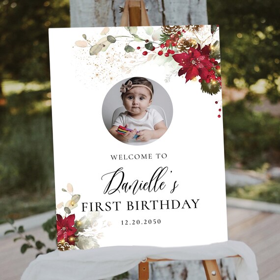 Christmas Photo Birthday Welcome Sign, Red Poinsettia (Printable Digital)
