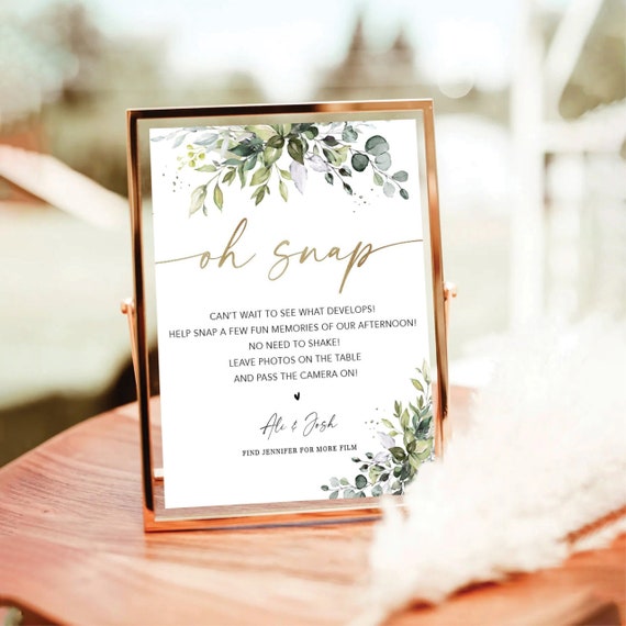 Greenery Oh Snap Sign, Wedding Disposable Camera Sign, Photo Instructions Sign, Can't Wait to See What Develops, Guest Photo, Eucalyptus,HB2