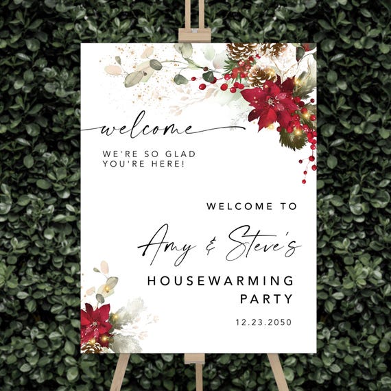 Christmas Housewarming Welcome Sign, Red Poinsettia, New Home Party Decor (Digital Printable)