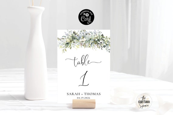 Greenery Wedding Table Number Template, Elegant Table Numbers Printable, Printable Wedding Table Card, Greenery, Herbal, Eucalyptus, HB1