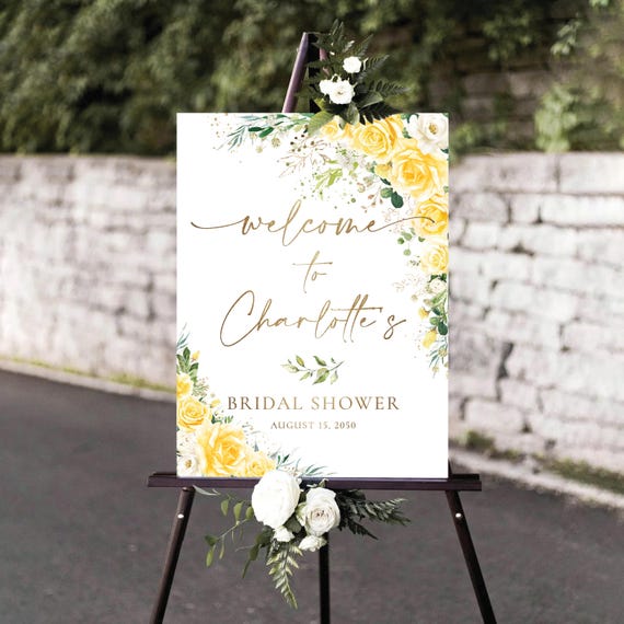 PRINTED OR DIGITAL Yellow White florals Bridal Shower Welcome Sign, Foam Board, Poster, Eucalyptus, Botanicals Wedding Shower Decor, YW1