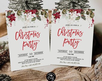 Può includere: Due inviti bianchi per una festa di Natale con disegni floreali rossi e verdi. Il testo sugli inviti recita "Join us for a Christmas Party" con la data e l'ora della festa. Gli inviti includono anche l'indirizzo e le informazioni RSVP.