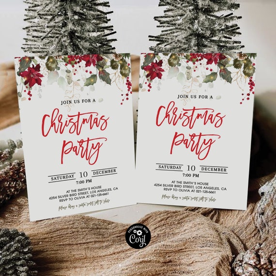 Christmas Party Invitation Template, Annual Holiday Party, Holiday Party Invitation, Poinsettia and Lights, Red Poinsettia, CRM1