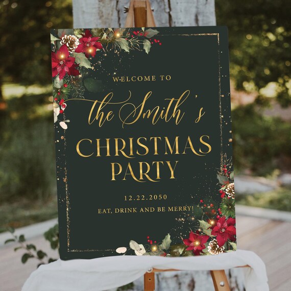 Christmas Party Welcome Sign, Red Poinsettia and Lights, Golden Frame (Printed or Digital File)