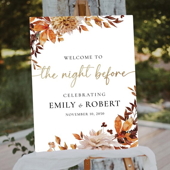 Fall Leaves Rehearsal Dinner Welcome Sign, Autumn Floral, Bohemian Wedding Decor (Digital Printable)