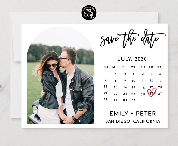 Minimalist Save The Date Calendar Template with Photo Arch, Boho Save The Date Digital Download, Modern Save The Date, Editable, Corjl