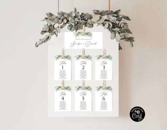 Greenery Wedding Seating Chart Cards Template, Hanging Seating Board, Seating Plan, Table Seating Chart, Eucalyptus Card template, HB1