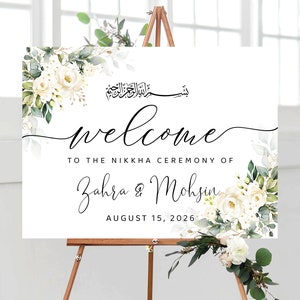 Letrero de bienvenida para boda Nikkah con rosas blancas, decoración para boda Nikkah, letrero Nikkah, decoraciones para ceremonia Nikkah, ceremonia de matrimonio islámico, WR3