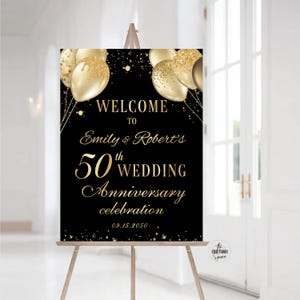 Modern 50th Anniversary Welcome Sign: Golden Balloons and Confetti Decor (Digital Printable)