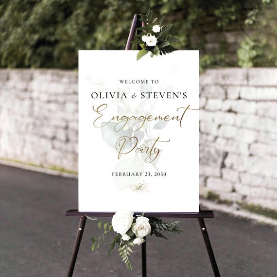 Watercolor Greenery Engagement Party Welcome Sign, Botanicals Wedding Rehearsal Decor, Minimalist We are Engaged Poster, Herbal, Eucalyptus